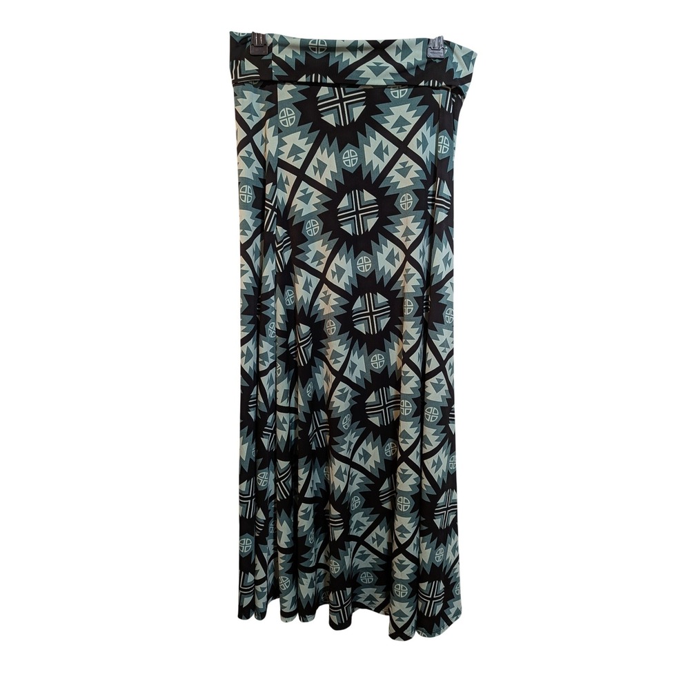 Whimsigoth Boho Western RetroGlam  Artsy Geometric Black Teal Green S Maxi Skirt - Picture 2 of 10
